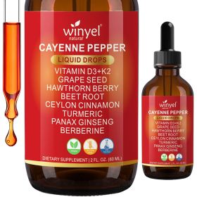 WINYEL Cayenne Pepper Drops Herbal Supplement, Hawthorn Berry, Vitamin D3 K2, Beet Root, Ceylon Cinnamon, Turmeric & Berberine Extract, 60ML (QTY: 1 PCS)