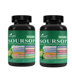 Soursop supplement containing 20 herbal extracts including seaweed, lion's mane mushroom, turmeric, black seed oil, oregano, and mullein (QTY: 2 PCS)