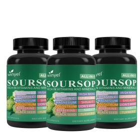 Soursop supplement containing 20 herbal extracts including seaweed, lion's mane mushroom, turmeric, black seed oil, oregano, and mullein (QTY: 3 PCS)